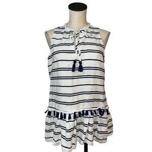 Charter Club Women’s NWOT 100% Linen Peasant Blouse Top size M Tassel Trim Boho